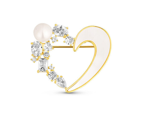 Romantic gold-plated 2in1 heart brooch with crystals and mother-of-pearl JL0841