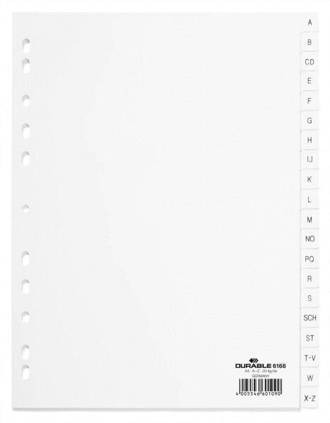 Durable 6168-02 - Alphabetic tab index - Polypropylene (PP) - White - Portrait - A4 - 230 mm
