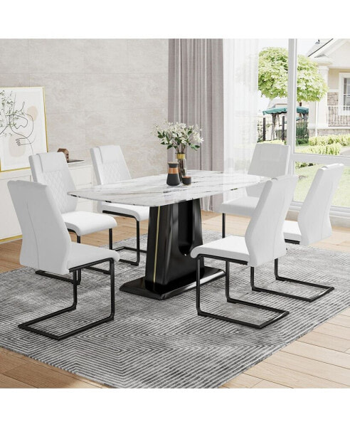 Table and chair set, modern and minimalist dining table, imitation marble patterned tabletop, MDF legs with U-shaped brackets. Paired with comfortable chairs, suitable for dining and living rooms.
