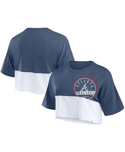 Women's Navy/White Atlanta Braves Color Split Boxy Cropped T-Shirt