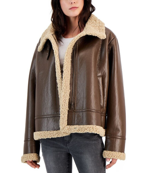 Juniors' Faux-Shearling Moto Jacket