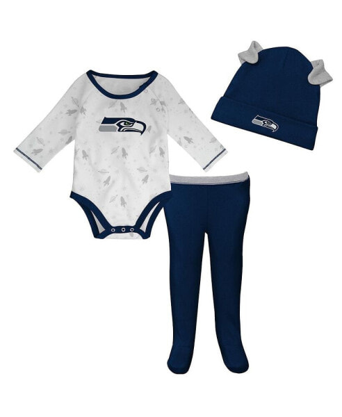 Newborn and Infant Boys and Girls White, Seattle Seahawks Dream Team Bodysuit Pants and Hat Set