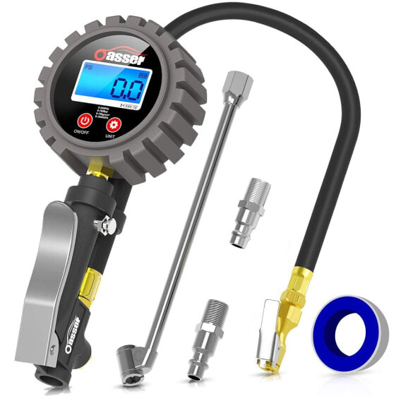 Oasser Digital Tyre Pressure Gauge, Tyre Inflator, 255 PSI Tyre Pressure Gauge, US & EU Standard Connection, for Car, Motorcycle, Bicycle, Multipurpose Packaging