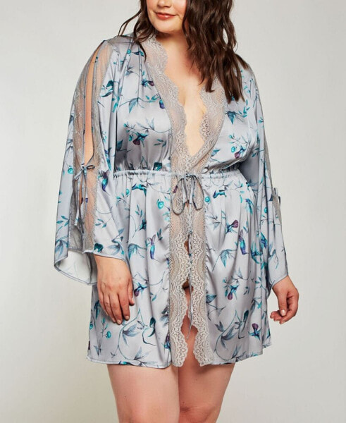 Plus Size Hummingbird Print Robe Lingerie, Online Only