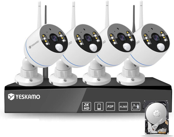 YESKAMO Outdoor Surveillance Camera WLAN Set with 8CH NVR, 4 Pieces 3MP WLAN Cameras with Colour Night Vision, Person Detection, 2-Way Audio, 24/7 Recording Indoor Outdoor, IP66