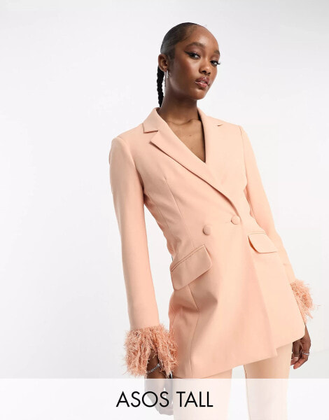 ASOS DESIGN Tall nipped waist tuxedo suit blazer with fringe cuff in apricot