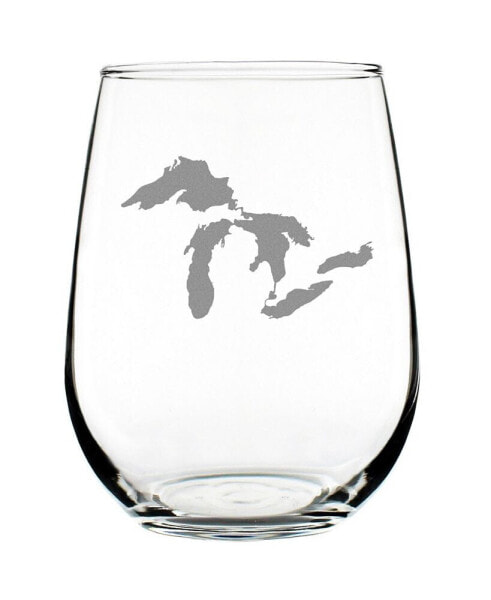 Great Lakes Map Midwestern Gifts Stem Less Wine Glass, 17 oz