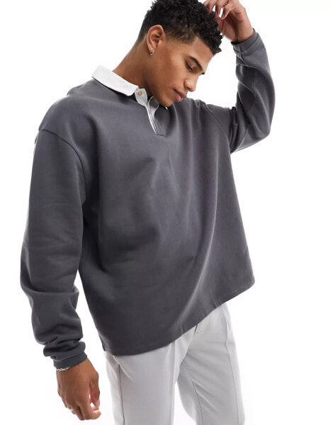 ASOS DESIGN oversized rugby polo sweatshirt in charcoal