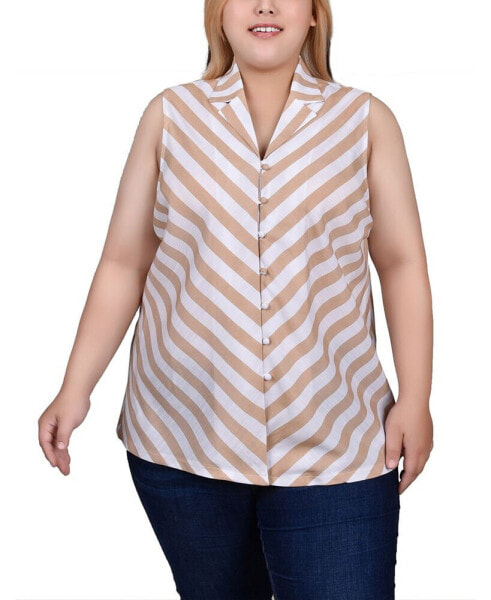 Plus Size Sleeveless Collared Chevron Striped Blouse