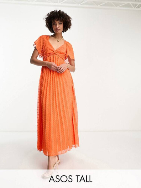 ASOS DESIGN Tall tie front angel sleeve dobby midi dress in hot coral