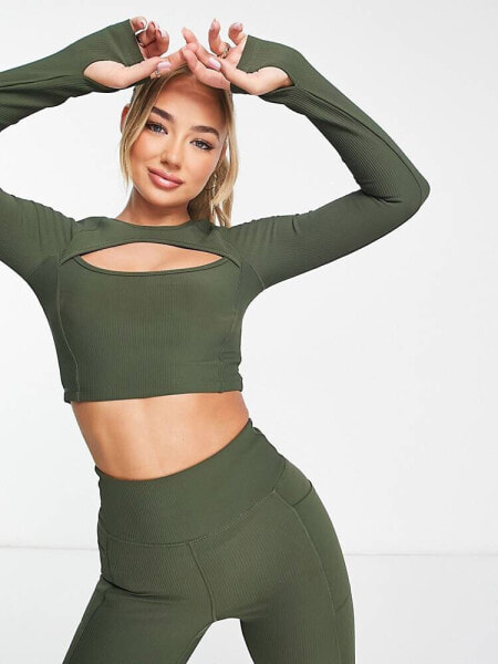 HIIT long sleeve top with cut out in khaki