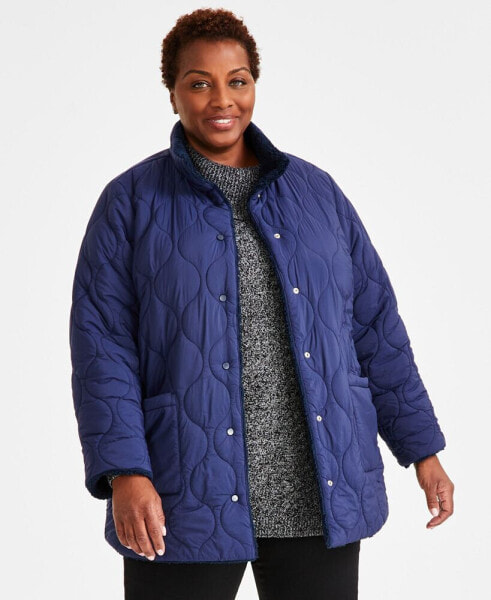 Plus Size Reversible Quilted Sherpa Jacket, Created for Macy's