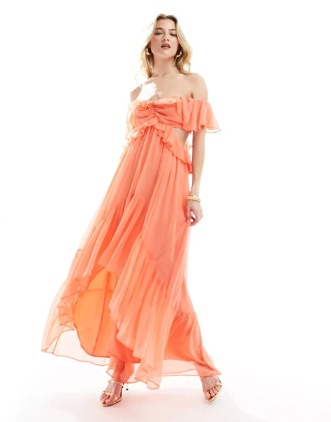 ASOS DESIGN ruffle cut out off the shoulder maxi dress in coral