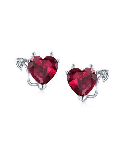 Romantic Promise Valentine Red CZ Devil Heart Shape Cubic Zirconia Stud Earrings For Women Teens .925 Sterling Silver