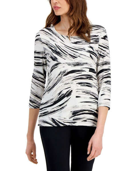 Petite Windswept Jacquard Printed 3/4-Sleeve Top, Created for Macy's