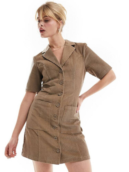 ASOS DESIGN button through cord mini dress in mocha