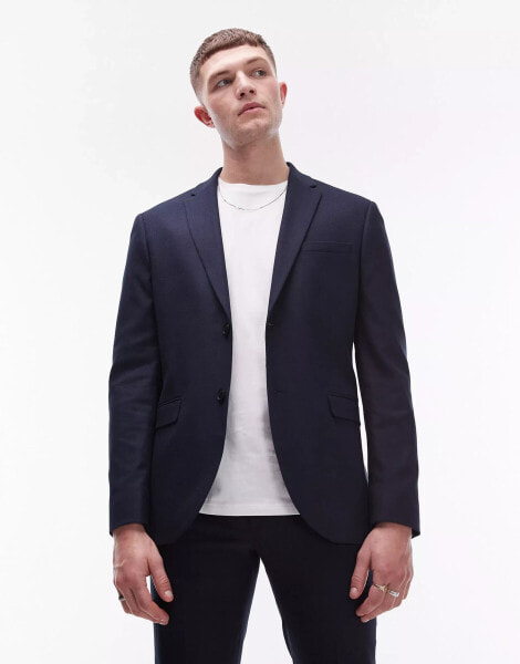 Topman skinny textured suit jacket in navy