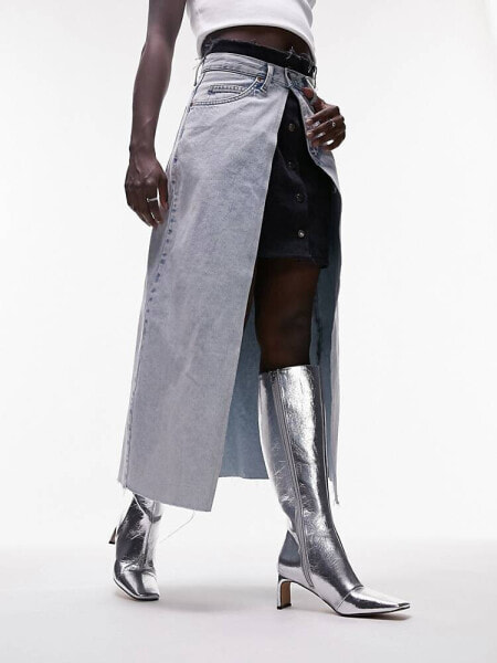 Topshop Raven square toe heeled knee high boot in silver