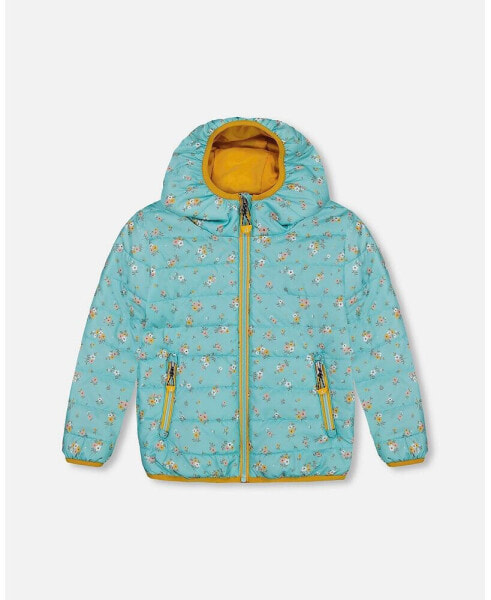 Girl Quilted Mid-Season Jacket Blue Little Flowers Print - Child