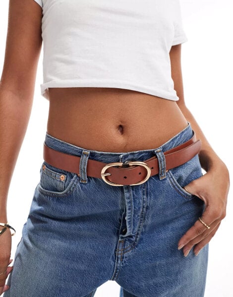 Vero Moda half moon gold buckle belt in tan