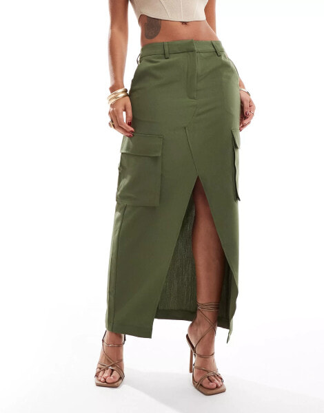 Vero Moda tailored midi skirt with pockets in khaki