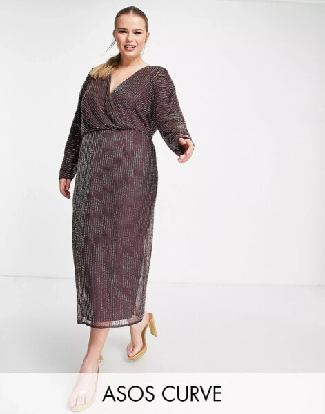 ASOS DESIGN Curve gold linear embllished batwing midi dress in mauve