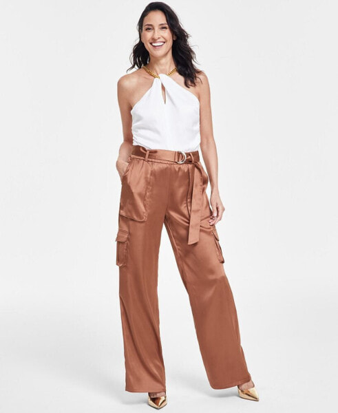 Women's High-Rise Belted Satin Cargo Pants, Created for Macy's