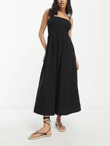Rhythm classic shirred maxi summer dress in black 