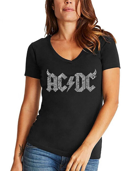 Women's V-neck Word Art ACDC Song Titles T-shirt