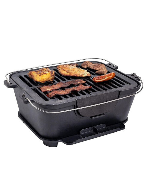 Heavy Duty Pre-Seasoned Cast Iron Portable Grill, 14"x12" Grilling Surface, Outdoor Hibachi-Charcoal Grill, Tabletop Charcoal Rectangle BBQ Portable Grill Stove