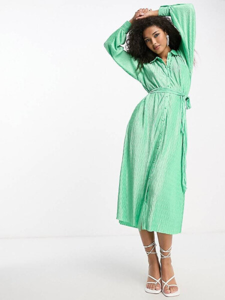 Y.A.S plisse shirt midi dress in green