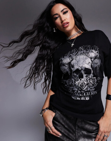 ASOS DESIGN corset tee with hotfix skull in black