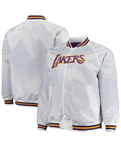 Куртка для мужчин Mitchell&Ness Los Angeles Lakers белая в стиле Hardwood Classics, больших размеров, с рукавами "Рэглан" и застежкой на кнопки