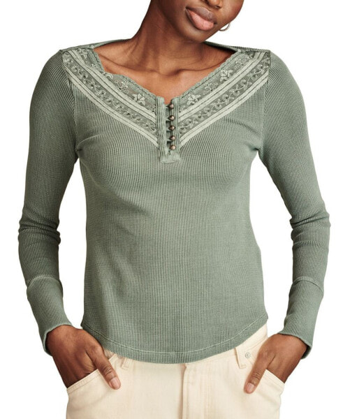 Women's Embroidered Mesh Henley Top