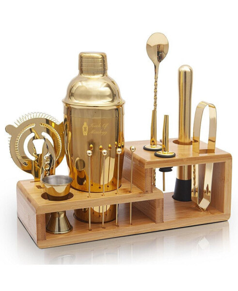 Premium 14 Piece Stainless Steel Bartender Kit with Bamboo Stand (Gold)
