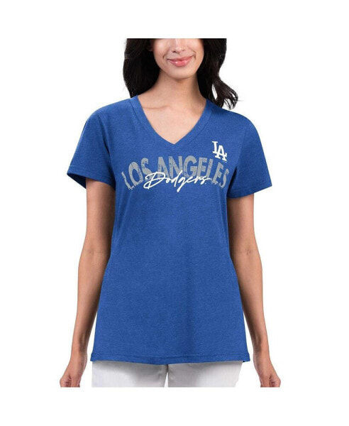 Women's Royal Distressed Los Angeles Dodgers Key Move V-Neck T-shirt