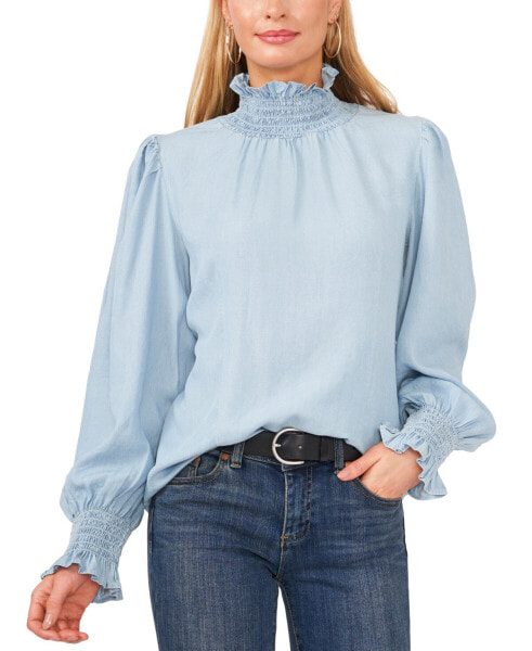 Vince Camuto Women's Lux Soft Smocked-Neck Top Blouse Blue Size XS