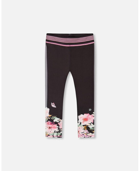 Girl Athletic Leggings Black Printed Big Flowers - Child