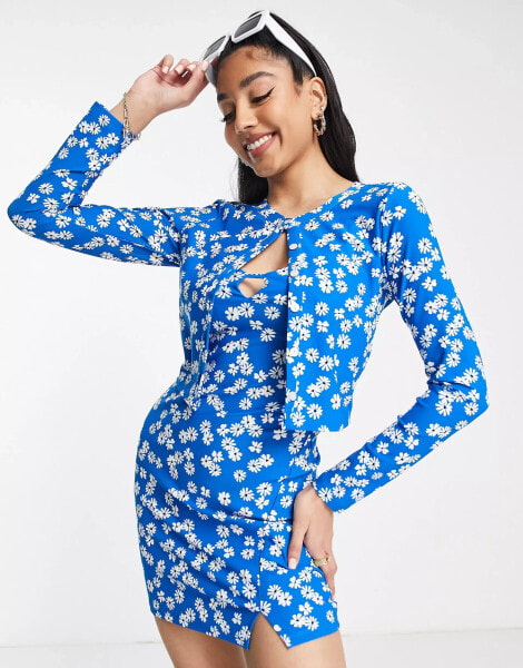 Wednesday's Girl mini cami slip dress with cropped cardigan set in blue floral