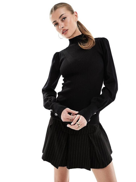 River Island puff sleeve knit top with button detail in black