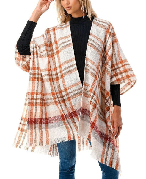 Women's Open-Front Plaid Fringe-Trim Kimono