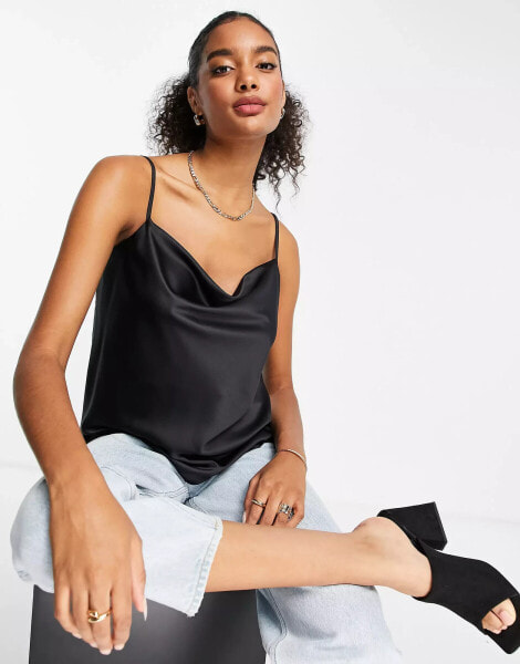 River Island satin cowl neck cami in black