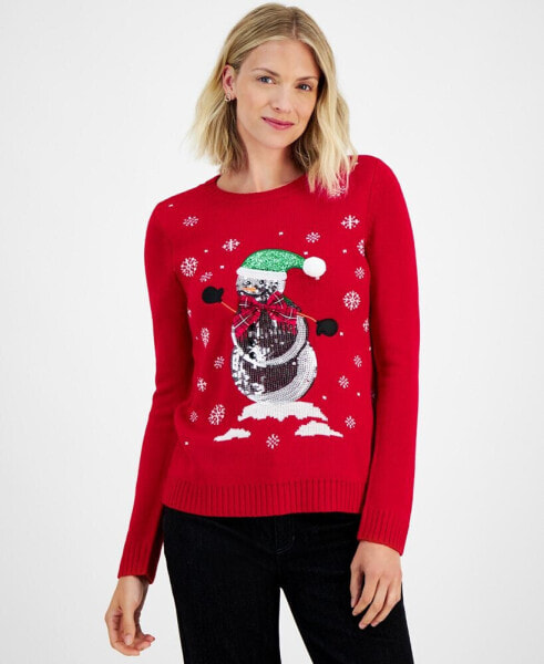 Women's Sequined Snowman Crewneck Sweater, Created for Macy's