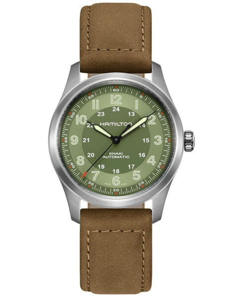 Men's Swiss Automatic Khaki Field Brown Leather Strap Watch 38mm