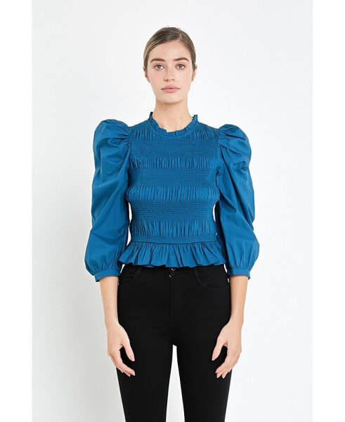 Women's Smocking Detail Poplin Blouse