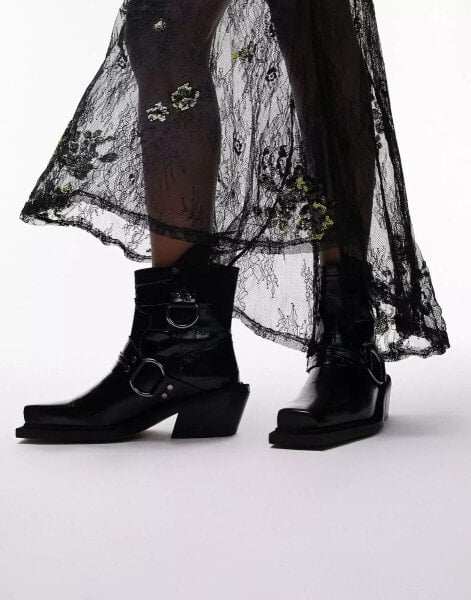 Topshop – Roxy – Biker-Stiefel im Western-Design aus hochwertigem Leder in Kroko-Schwarz