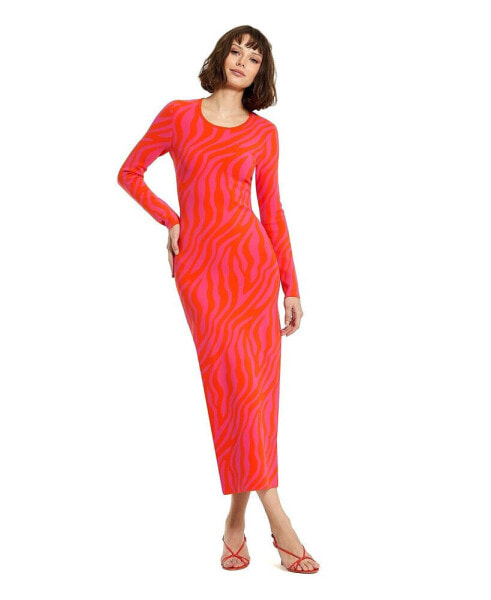 Women's Fitted Long Sleeve Zebra Print Knit Maxi Dress