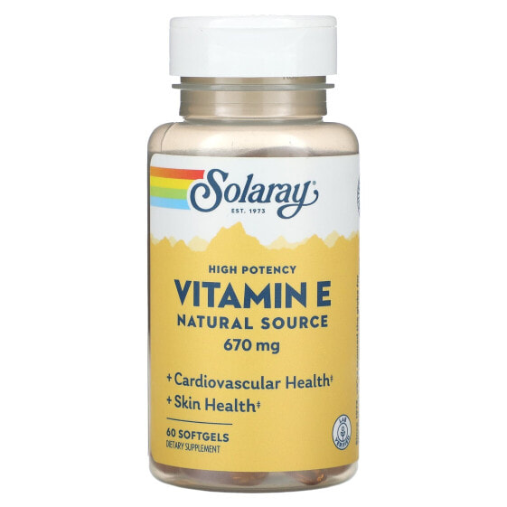 Витамин E натурального происхождения, высокой мощности, 670 мг, 60 капсул_SOLARAY