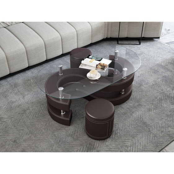 3 Pieces Coffee Table Set, Oval 10mm/0.39 Thick Tempered Glass Table And 2 Leather Stools