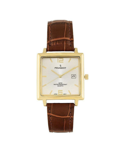 Часы Peugeot Men's 14K Gold Plated Square Watch with Brown Leather Strap